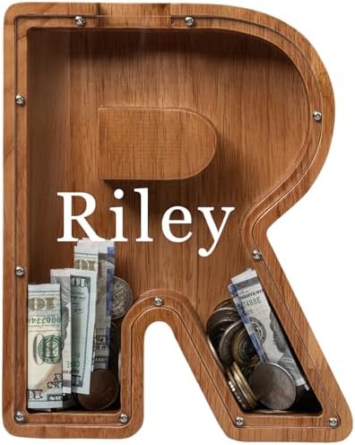 Personalized 12" Extra Large Wooden Letter Piggy Bank for Kids Boys Girls, (Laser Engraved Name) Custom Initial Letter Shape Piggy Bank, Alphabet Coin Bank Grandchildren Birthday by Ladenk
