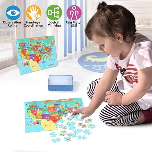 LELEMON Puzzles for Kids Ages 4-6,USA Map 100 Piece Puzzles for Kids Ages 4-8 in a Metal Box,Educational Jigsaw Puzzles 100 Piece Puzzle Games Puzzle Toys for Girls and Boys - Image 3