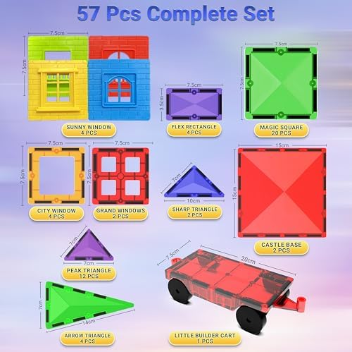 Magnetic Tiles Building Blocks Toy - STEM Educational Magnet Set for Kids, Creativity Preschool Learning Sensory Montessori Toddler Toys for Boys & Girls 3+ Years Old - 57PC - Image 6