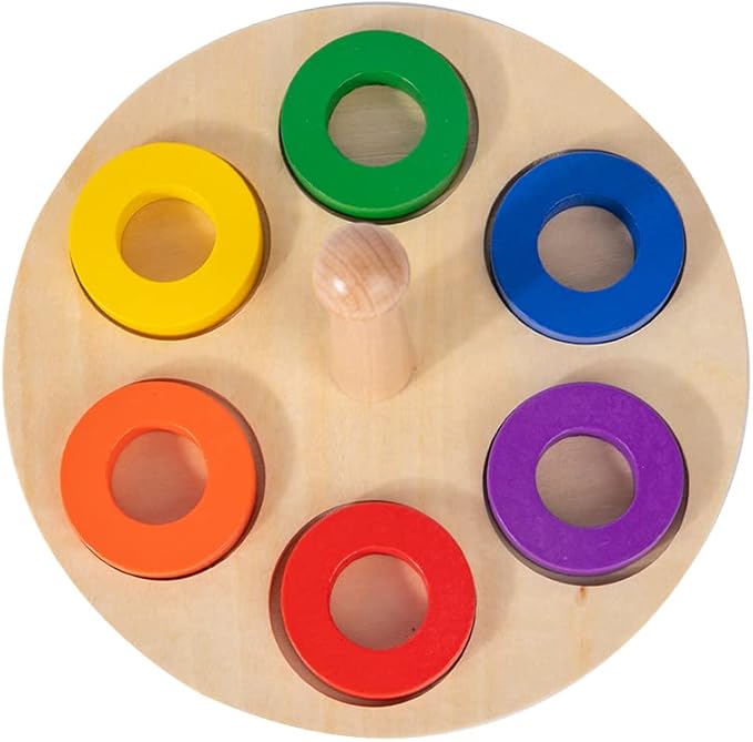 Adena Montessori Wooden 6 Rings on Peg Stacking and Sorting Ring, Wooden Rainbow Stacking Rings Baby Toy, Stacker Toys for Infants and Toddlers, Wood Educational Developmental Toy Multicolor