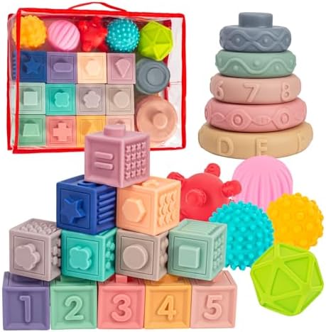 3 in 1 Baby Toys,Montessori Baby Blocks for 0-3-6-12 Months Babies by SpringFlower