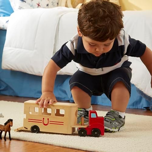 Melissa & Doug Horse Carrier Wooden Vehicle Play Set with 2 Flocked Horses and Pull-Down Ramp - Image 2
