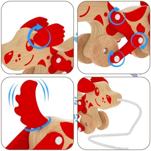 Wooden Pull Along Toy for Toddlers, Montessori Walking Pull Dog Toy (Red) - Image 4