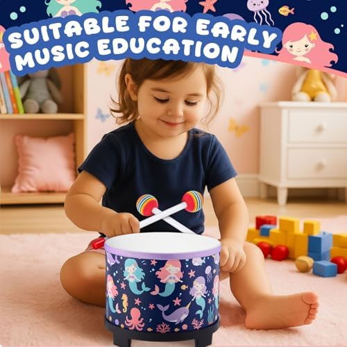 Boao Kids Floor Tom Drum with 2 Rainbow Mallets for Over Age 6 Year, Wooden Percussion Instrument Music Drum Set 8'' W x 6.5'' H Toys Educational Kids' Instruments for Birthday Gift(Mermaid Style) - Image 6