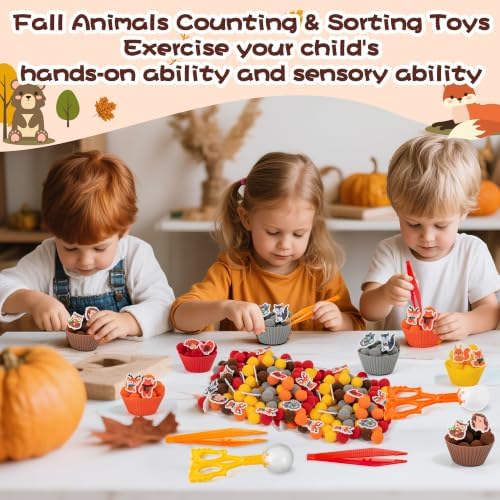 EZdhuawuse Fall Sensory Bin Fillers - 267 Autumn Animals Thanksgiving Fine Motor Toys Sorting Stacking Toys for Kids, Felt Hedgehog Squirrel Turkey for Preschool Education Early Development Activity - Image 3