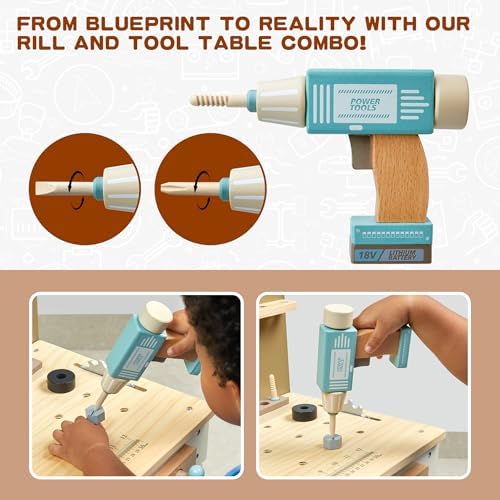 Kids Tool Set,Wooden Tools Bench with Apron Toddler Toy Workbench with Realistic Tools Electric Drill STEM Construction Toy Gifts for Age 3-9 Boys Girls - Image 2