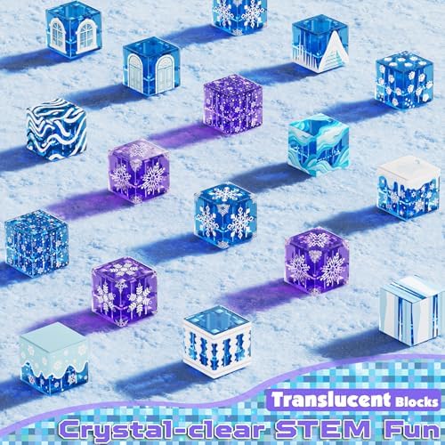 Magnetic Blocks, 45pcs Travel Toys Building Set with Magnetic Tin Box, Transparent & Light Up Magnet Cubes for Blue Snow Castle Build, Princess Toy Birthday Gift for Kid Girl 3+ - Image 2