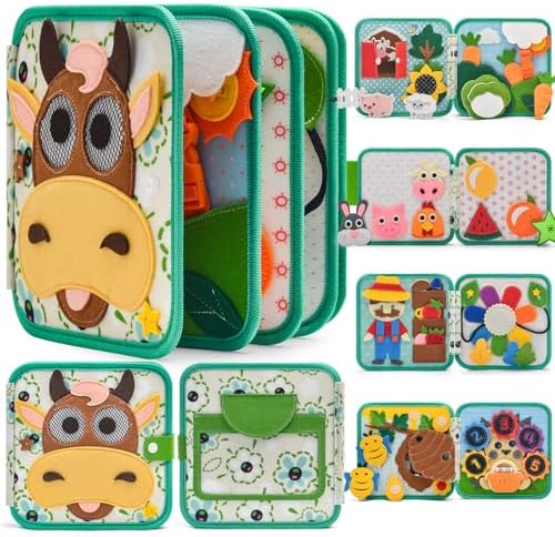 Montessori Busy Book for Toddlers 1-3, Felt Quiet Book & Busy Board for Preschool Learning, Fine Motor Skills & Sensory Play, Educational Travel Toy and Gift for Kids – Farm Animals Theme, Green by Silouka