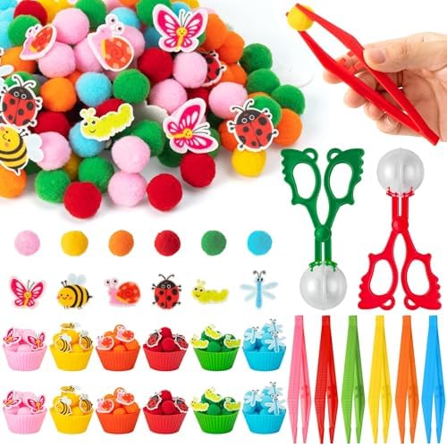 EZdhuawuse Summer Insects Sensory Bin Fillers - 321P Summer Bee Fine Motor Toys Counting Sorting for Easter Gift, Counting Toy with Felt Butterfly Pom Pom Cup Clip for Preschool Education Activities by EZdhuawuse