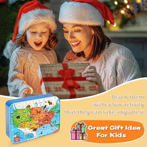 LELEMON Puzzles for Kids Ages 4-6,Animal Map 100 Piece Puzzles for Kids Ages 4-8 in a Metal Box, Educational Jigsaw Puzzles 100 Piece Puzzle Games Puzzle Toys for Girls and Boys - Image 7