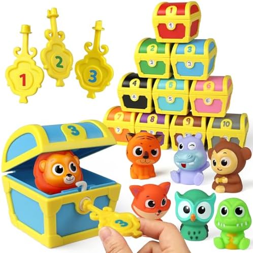 Coogam Fine Motor Skill Toys for Toddlers, 10pcs Surprise Animals Finger Puppets Treasure with Number Locks, Matching Color Sorting Pirate Hunt Game, Learning Montessori Gift for 3 4 5 Year Old by Coogam