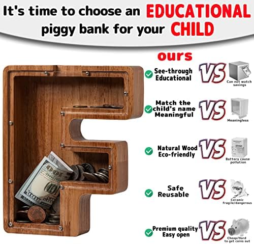 ladenk 12 Inch Extra Large Wooden Kids Letter Piggy Bank - Piggy Bank for Boys Girls - Initial F Bank - Alphabet Money Bank for Birthday - Image 3