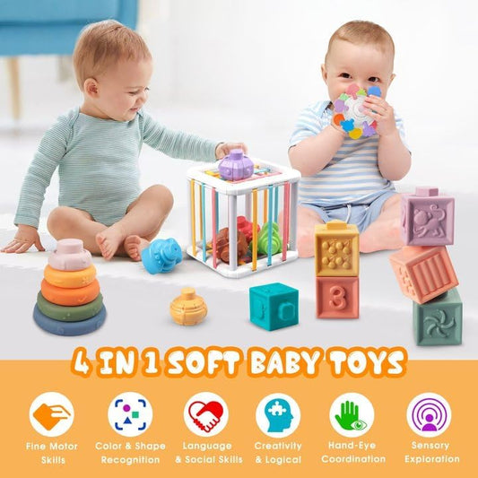 4-in-1 Montessori Sensory Baby Blocks 18M+ , Stacking Ring, Pull String - Image 2