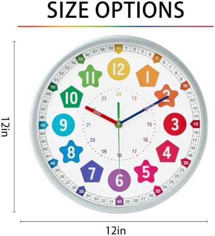 HZDHCLH Kids Wall Clock for Learning to Tell Time 12 Inch Silent Non Ticking Analog Clock with Colorful Shape Numbers Battery Operated Educational Clock for Classroom, Bedroom, Homeschool(Silver) - Image 4