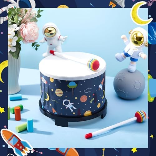 Boao Floor Tom Drum for Kids 8'' W x 6.5'' H Wooden Percussion Instrument Music Drum with 2 Rainbow Mallets Astronaut Educational Toys for Baby Children Toddler Boy Girl Birthday Gift - Image 5