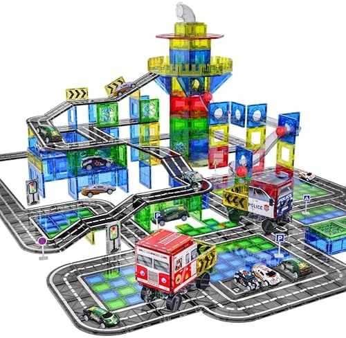 SKTMYY 150PCS Magnetic Tiles Road Set with Marble Run, Preschool Magnet Tiles Included Magnetic Cars. STEM Magnetic Tiles for Kids, Preschool Educational Building Toys for Boys & Girls by SKTMYY