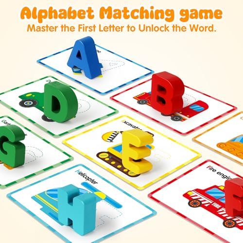 Vanmor Wooden Vehicle Alphabet Puzzle for Toddlers, Traffic ABC Letter Sight Words Matching Game with 52 Blocks and Flash Cards, Spelling Game Toys, Kindergarten Preschool Learning Activities - Image 5