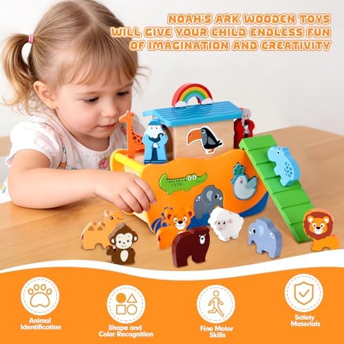 Hoarosall 27-Piece Wooden Noah's Ark Toy for 1-3 Year Olds Baptism Christmas Birthday Gift Bilingual Bible Story Montessori Shape Sorter Christian Educational Toy for Boys Girls - Image 5