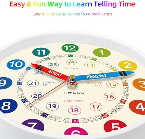 TIMESS 10-Inch Learning to Tell Time Wall Clock, Silent Non-Ticking - Image 3