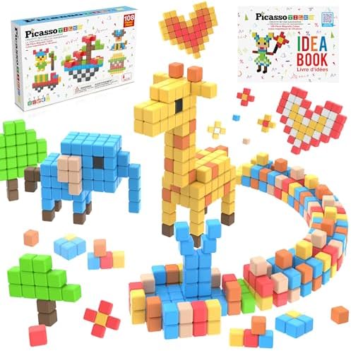 PicassoTiles 108 Piece Magnetic Cubes, 1 Inch STEM Building Set for Kids 3+ by PicassoTiles