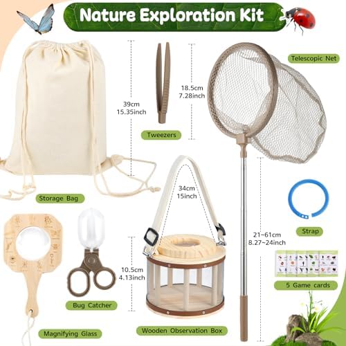 GAGAKU Wooden Bug Catcher Kit for Kids 4-8, Outdoor Explorer Set with Expandable Butterfly Net, Magnifying Glass, Tweezers, Educational Catching Toy for Backyard Camping, Gift for Boys Girls - Image 2
