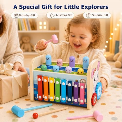4-in-1 Wooden Hammering Toy with Xylophone, Clock and Gears, Ages 3+ - Image 6