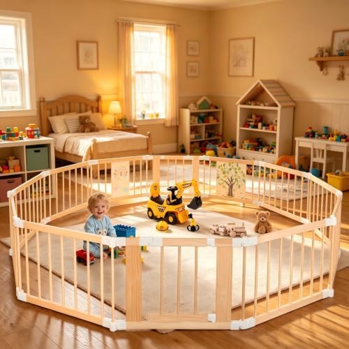 Extra Large Wooden Baby Playpen，Adjustable Play Yard for Babies and Toddlers, Baby Activity Center with Child Proof Lock, Easy to Assemble, Foldable Play Pen 12Panel by GentleMonster