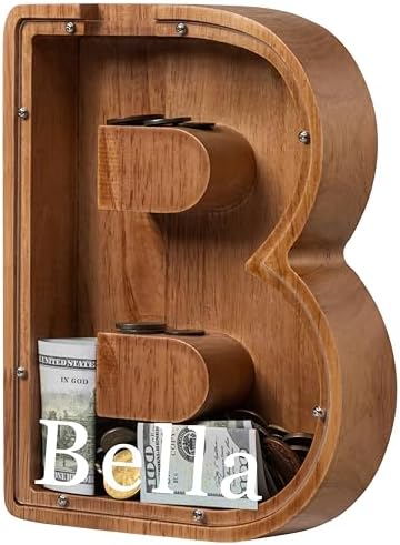 Personalized Large Wooden Kids Letter Piggy Bank - (Laser Engraved) Custom Piggy Bank for Boys Girls - Wooden Banks with Initials - Alphabet Money Box Bank Birthday Letter B Bank by Ladenk