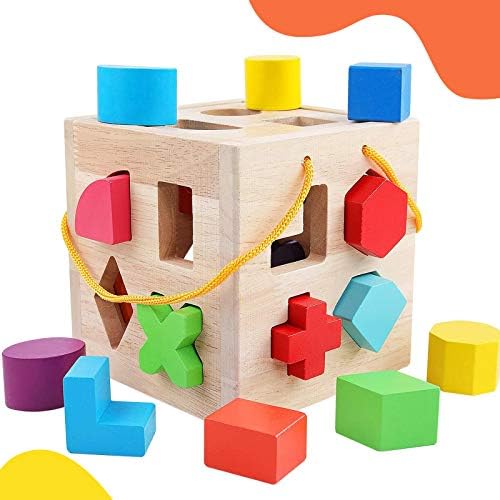 QZMTOY Shape Sorter Toys with 19 Shape Blocks, Classic Wooden Toys for Toddlers Kids, Gift for Girls Boys 2-4 (Natural Solid Wood) by QZMTOY