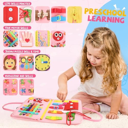 Toddler Busy Board, Montessori Sensory Toys for Boys, 3-8 Year Old Girl Toddler Travel Toys, Educational Learning Activities Board for Motor Skills, Birthday Gifts for Airplane Car, Pink - Image 4