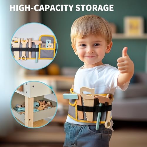 Kids Tool Set,Wooden Tools Bench with Apron Toddler Toy Workbench with Realistic Tools Electric Drill STEM Construction Toy Gifts for Age 3-9 Boys Girls - Image 3