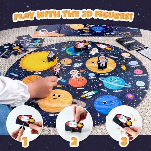 BONNYCO Giant Floor Puzzles for Kids Solar System with 70 Large Pieces. Round Space Puzzle with Planets, 23 x 23 in, 15 Cards, 4 3D Figures, Guide. Learning Gifts, Toys for 4 Year Old Boys - Image 4