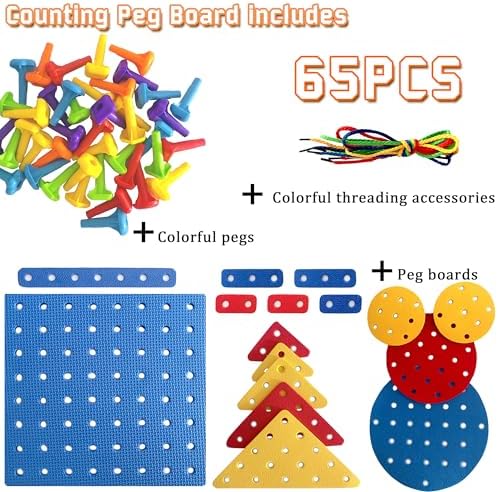 Counting Peg Board for Kids - Toddler Stacking Toys - 65 Pcs DIY Building Set Large Foam Board & Occupational Therapy Toys, Color Sorting & Lacing Toy , Montessori Tools, Peg Puzzles for Toddlers 3 - Image 3