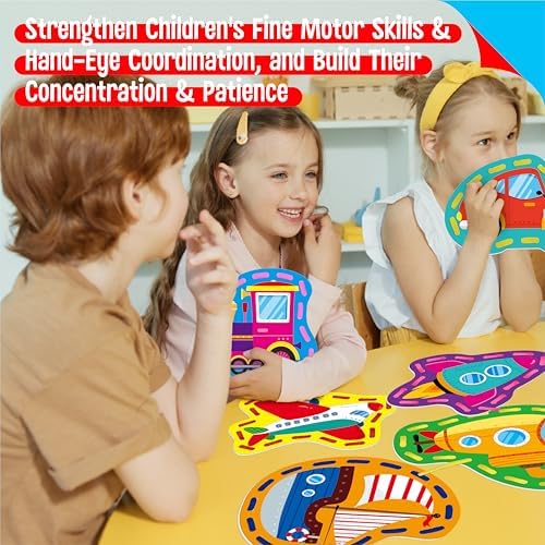 SpriteGru 9 Pieces Kids Lacing Cards, Double Sided Vehicle Sewing Cards with 9 Colorful Laces, Imagination Development Lacing Toys Games for Children Educational and Learning Activity - Image 5