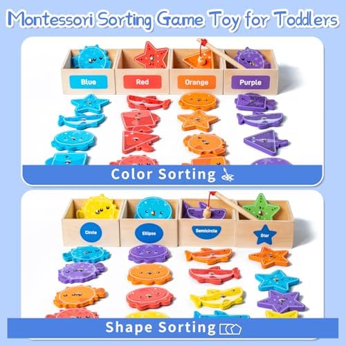Montessori Fishing Game for Toddlers,Wooden Magnetic Fishing Game,Early Educational-Shape & Color Sorting Toy for Kid 3-5,Preschool Learning Fine Motor Skill,Classroom Matching Activity - Image 2