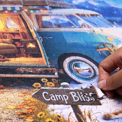 Think2Master Enchanted Camper 500 Pieces Large Format Jigsaw Puzzle: 13+, Teens, Adults & Families. Magically captures Autumn, Winter, Vintage Camper Van, Lake, Aurora & Mountains Size: 26.8” X 18.9” - Image 2
