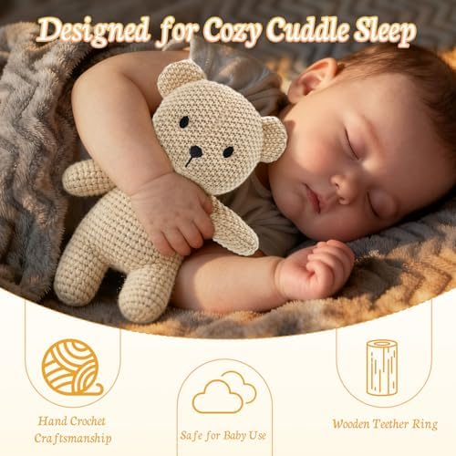 10" Crochet Bear Stuffed Animal with Rattle, Pure Cotton Soft Crochet Doll Plush Toy for Newborn, Handmade First Birthday Gift - Image 4