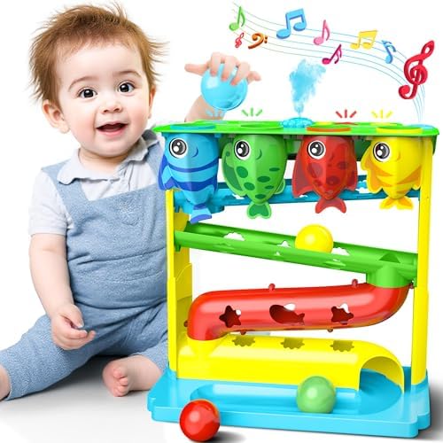 Ball Drop Toy for 1, 2 Years Old Boys & Girls, Interactive Toddler toy with Lights, Music & Water Spray, Montessori STEM Learning Toys for 9-18 Months, Infant Early Development Gift (Blue) by HOTHOMLENRAM