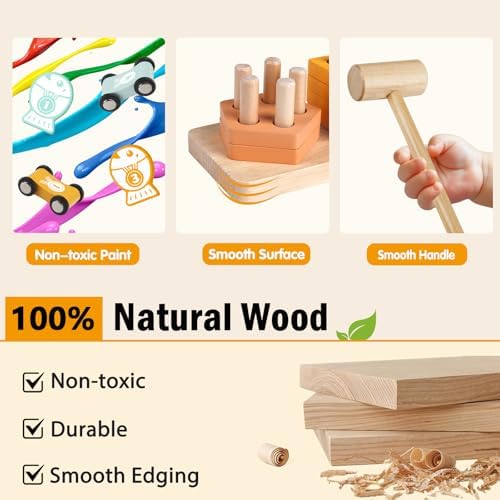 Montessori Wooden Toys for Toddler, Pounding Hammer, Car Ramp, Shape Sorter - Image 4