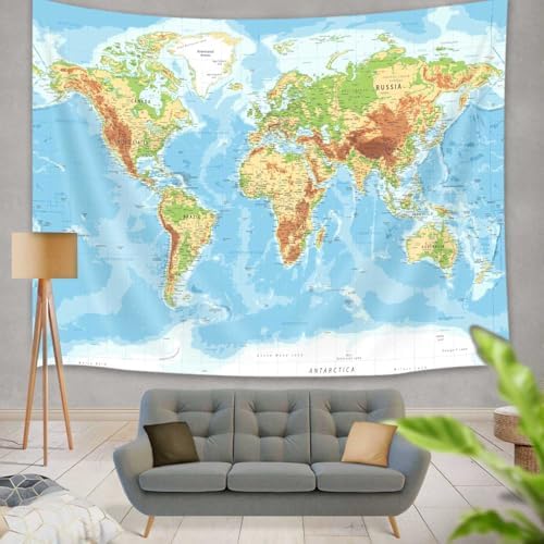 World Map Wall Art for Kids, Educational Tapestry with Countries, Major Cities, Asia, Europe, America, Africa, Japan - 71x60 Inch (Blue) by JAWO