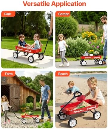 VEVOR 39 inch Pull Along Kids Wagon, Red Rolling Utility Cart Wagons for Kids, Cargo Wagon for Garden, Beach, Camping for Child Present - Image 6