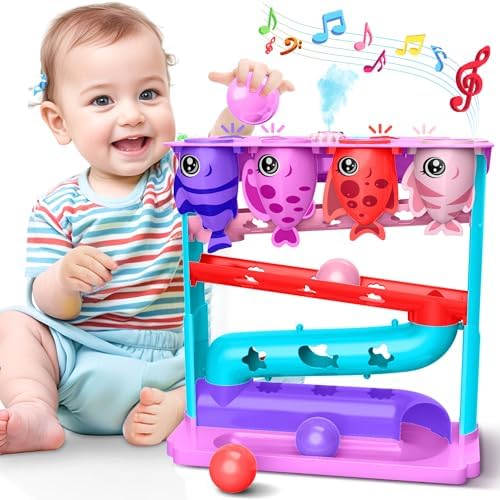 Ball Drop Toy for 1, 2 Years Old Boys & Girls, Interactive Toddler toy with Lights, Music & Water Spray, Montessori STEM Learning Toys for 9-18 Months, Infant Early Development Gift(Pink) by HOTHOMLENRAM