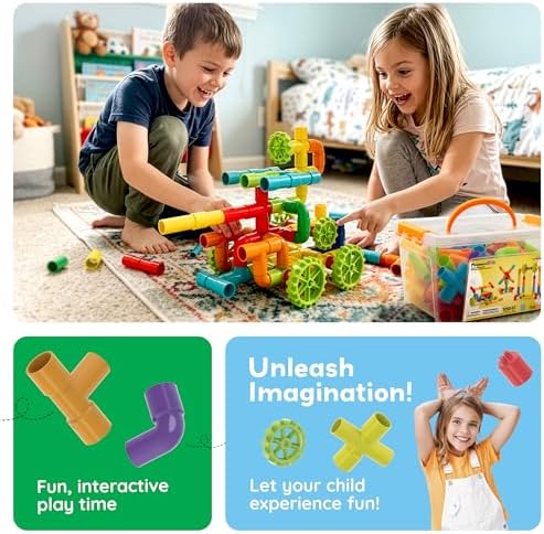 PicassoTiles 100PCS STEM Pipe Building Playset Interlocking Tube Construction Toy with Wheels and Clear Storage Box Educational Learning Toys for Preschool Montessori Kids Age 3+ Boys and Girls PTT139 - Image 5
