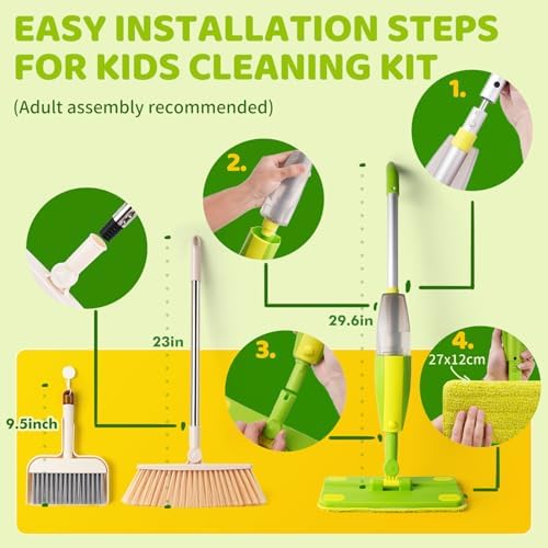 Kids Spray Mop,Toddler Mop Cleaning Set, Real Working Mini Mop & Kids Broom Dustpan Set, Housekeeping Pretend Play Toy, Montessori Kid Cleaning Toy Set Includes Organizer Clip -Green - Image 2