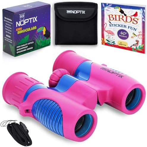 Binoculars for Kids, Girls or Boys Real Kids Binoculars in Vibrant Pink Blue - includes Sticker Book with 40 Bird Species - Kids Toys Small Binoculars, Toddler Binoculars by CabinObsession