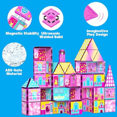 Magnetic Tiles 52PCS Magnetic Building Blocks for Kids Ages 3-5 4-8, STEM Montessori Preschool Classroom Must Haves, Toddler Sensory Educational Toys for Boys Girls, Christmas Birthday Gift(Pink) - Image 3