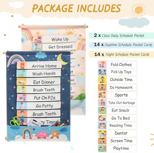 Blosssound Visual Schedule for Kids Chore Chart Morning Bedtime Routine Chart Hippie Boho Daily Calendar Double Side Planner Board with 28 Cards for Home School Toddlers Autism Learning Materials - Image 3