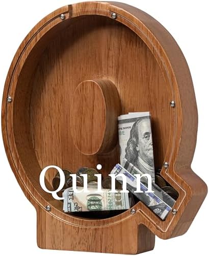 Personalized Large Wooden Kids Letter Piggy Bank - (Laser Engraved) Custom Piggy Bank for Boys Girls - Wooden Banks with Initials - Alphabet Money Box Bank Birthday Letter Q Bank by Ladenk