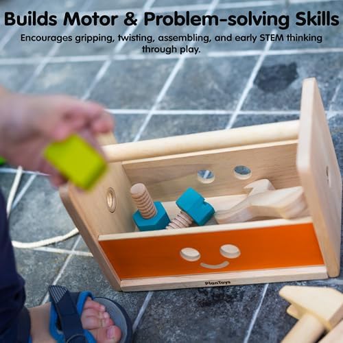 PlanToys Wooden Transforming Robot Tool Box with Wrench, Nuts & Bolts, Wooden Planks, and Shapes| Sustainably Made from Rubberwood and Non-Toxic Paints and Dyes - Image 6