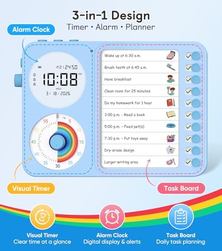 3-in-1 Visual Timer & ADHD Tool for Kids – ADHD Task Timer for Adults with Visual Schedule, Chore Chart & Planning Board for Home, School, Classroom, Work (Blue) - Image 2